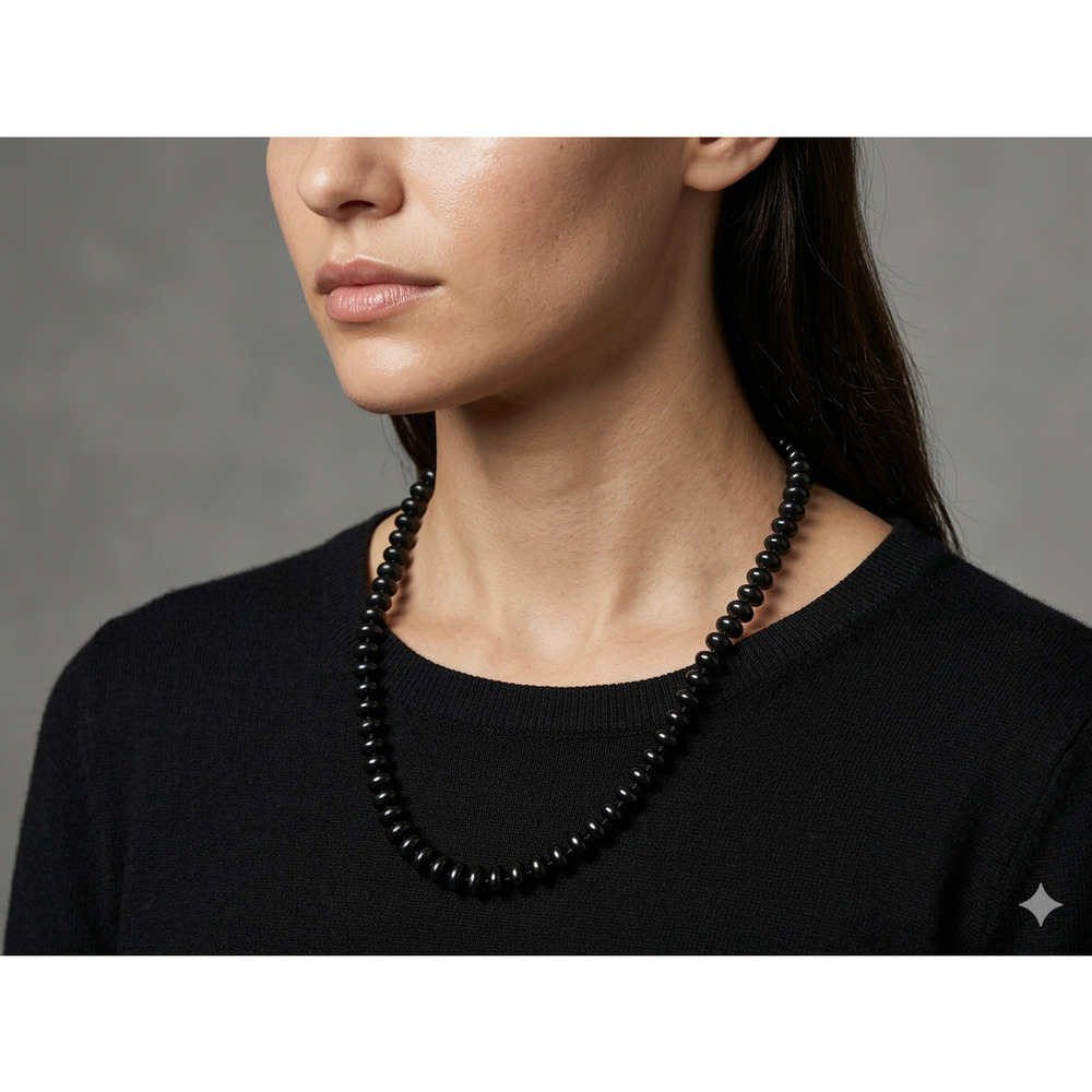 Vintage Black Disc Bead Strand Necklace (Long Statement Jewelry)